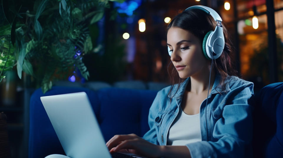 A young woman with earphones sitting in a comfortable chair watching an educational short-video on her laptop.