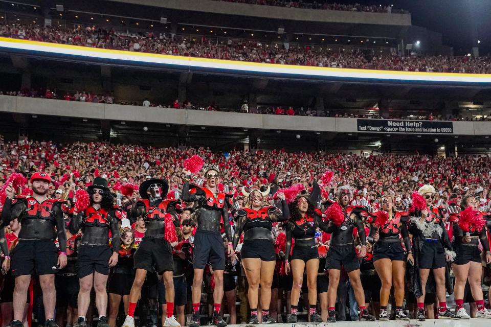 Sep 23, 2023; Athens, Georgia, USA; Georgia Bulldogs fans in the student section reacting during the game against the UAB Blazers during the second half at Sanford Stadium. Mandatory Credit: Dale Zanine-USA TODAY Sports