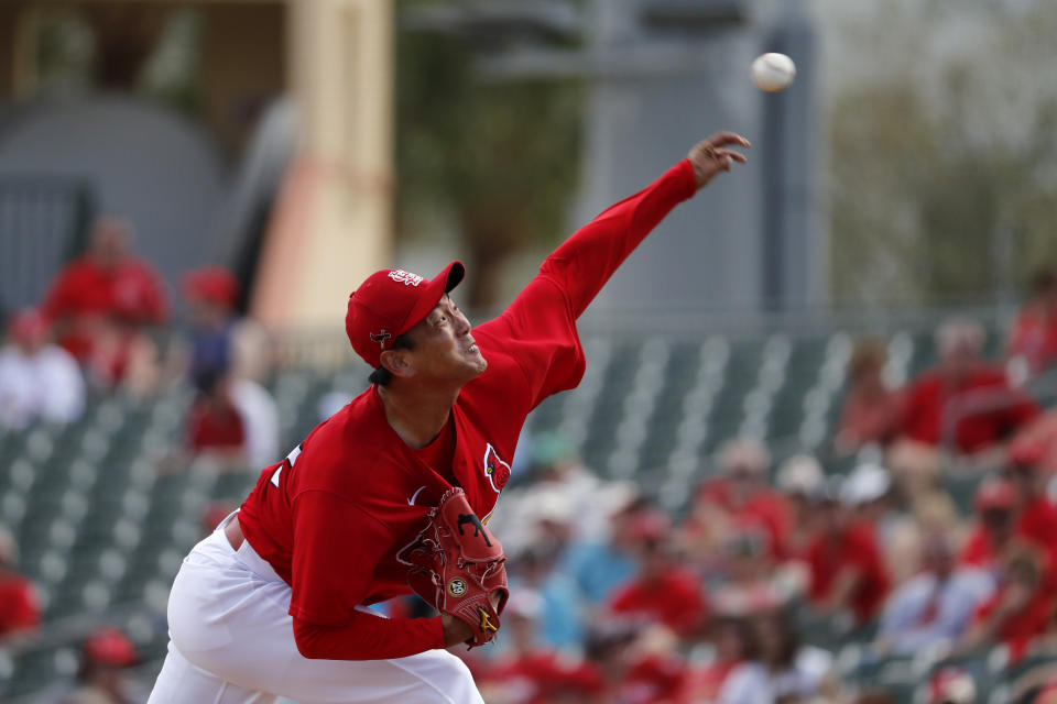 St. Louis Cardinals pitcher Kwang-Hyun Kim throws during the second inning of a spring training baseball game against the Miami Marlins Wednesday, Feb. 26, 2020, in Jupiter, Fla. (AP Photo/Jeff Roberson)