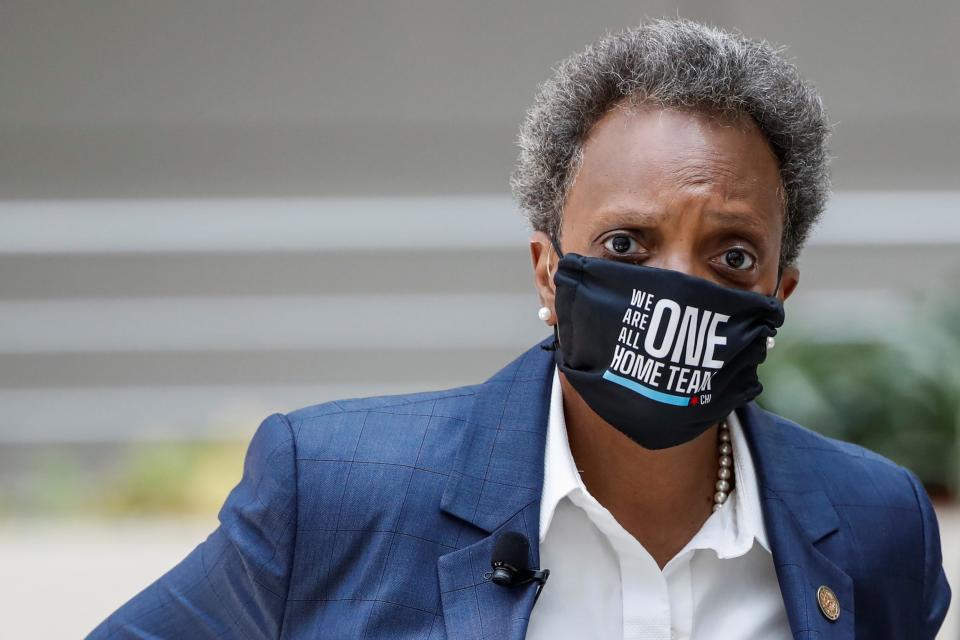 Chicago's Mayor Lori Lightfoot arrives at a University of Chicago initiative event for the science in Chicago, Illinois, on July 23, 2020.