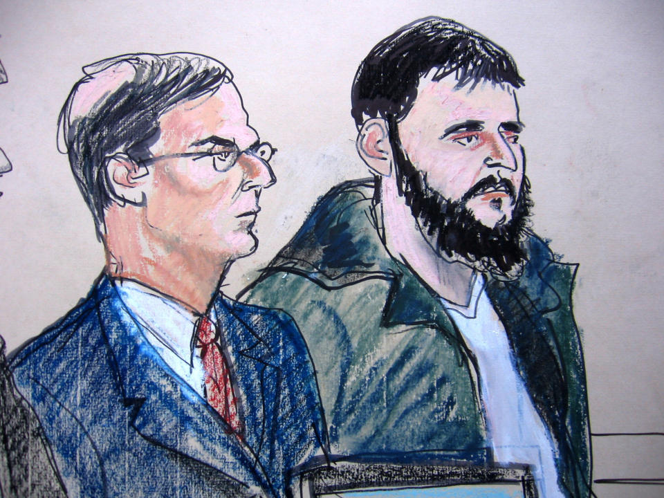 FILE - In this Jan. 9, 2010 courtroom file sketch, defendant Adis Medunjanin, right, accused of becoming an al-Qaida operative, sits with his defense attorney Robert Gottlieb at the federal courthouse in New York. A federal prosecutor said Monday, April 16, 2012, that Medunjanin discussed bombing New York City movie theaters, Grand Central Terminal, Times Square and the New York Stock Exchange before settling on the city's subways. (AP Photo/Elizabeth Williams, File)