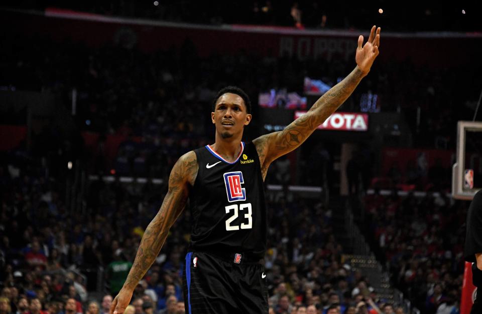 LA Clippers guard Lou Williams reacts against the Golden State Warriors in the first half of Game 6 of the first round of the 2019 NBA Playoffs at Staples Center.