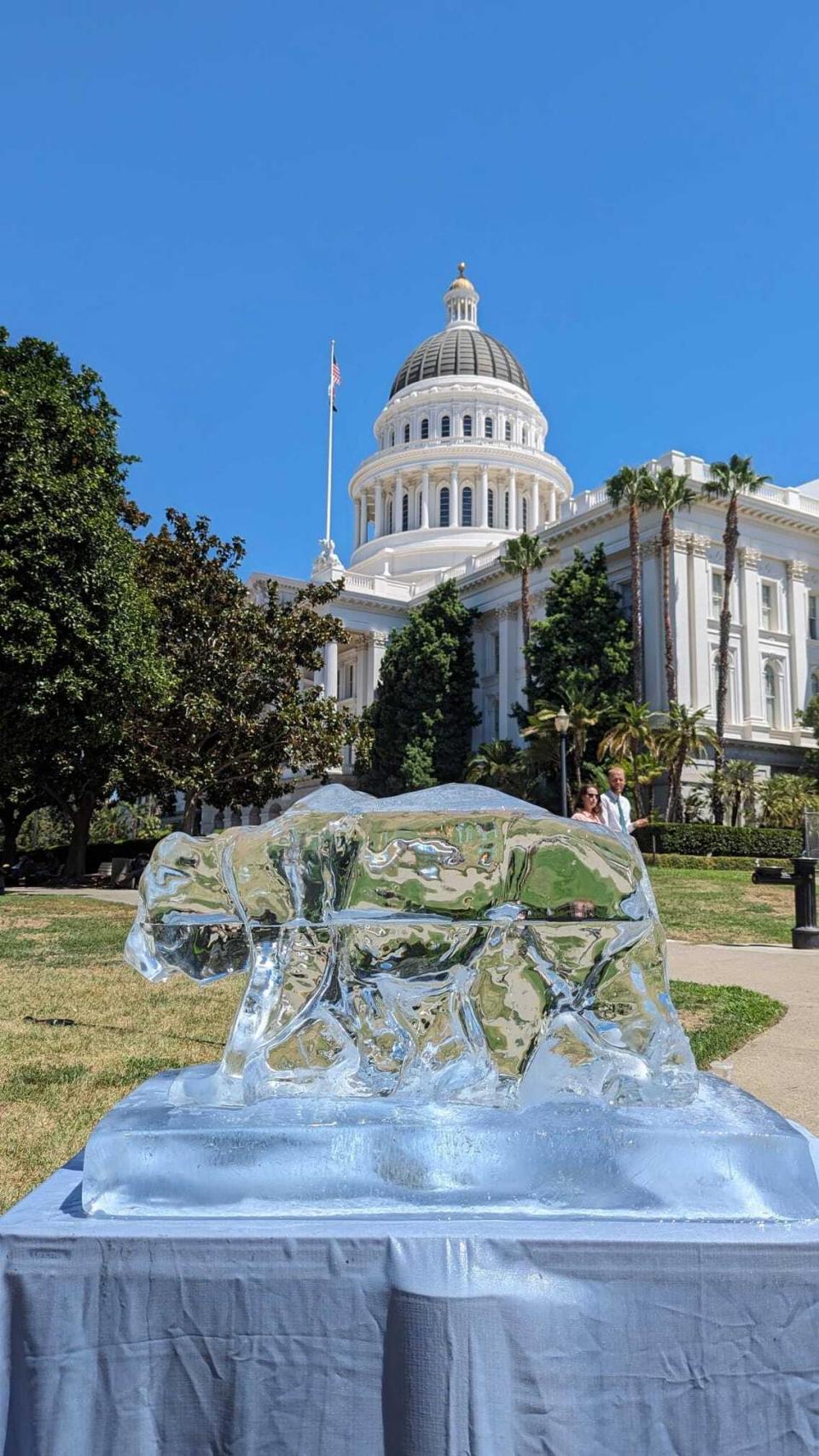 An ice sculpture of a California bear melts outside the capitol on Thurs. August 17. Advocates and lawmakers say a package of laws to encourage clean home cooling is needed to fight climate change.