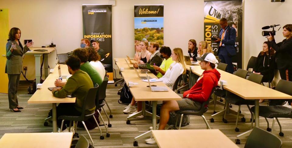 Vice President Kamala Harris speaks with students in the American Government and Politics 1 class at UW-Milwaukee Thursday.