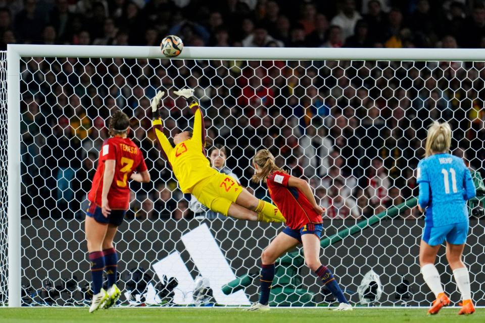 <p>Lauren Hemp handed England their best chance with a curling left-foot shot which hit the crossbar. Photo: AP Photo/Abbie Parr</p> 