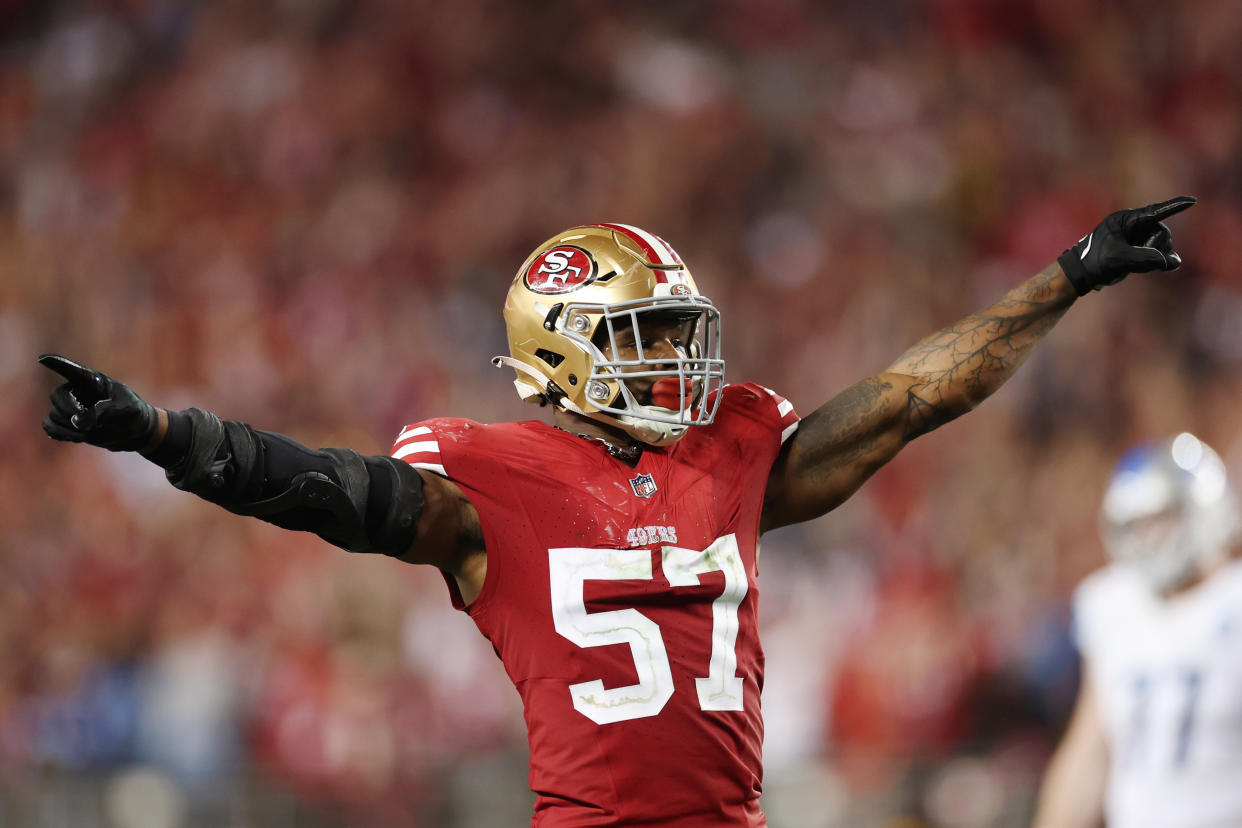 SANTA CLARA, CALIFORNIA - JANUARY 28: Dre Greenlaw #57 of the San Francisco 49ers celebrates after a stop during the fourth quarter against the Detroit Lions in the NFC Championship Game at Levi's Stadium on January 28, 2024 in Santa Clara, California. (Photo by Ezra Shaw/Getty Images)