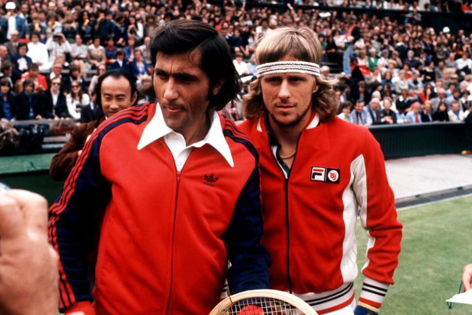 <p>Ilie Nastase and Bjorn Borg in 1977. Borg, who was 21 at the time, defeated Nastase the previous year to win the the Men's Singles championship. </p>