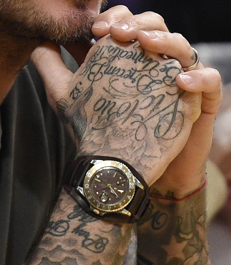 Close up image of some of David Beckham's tattoos. (Getty Images)