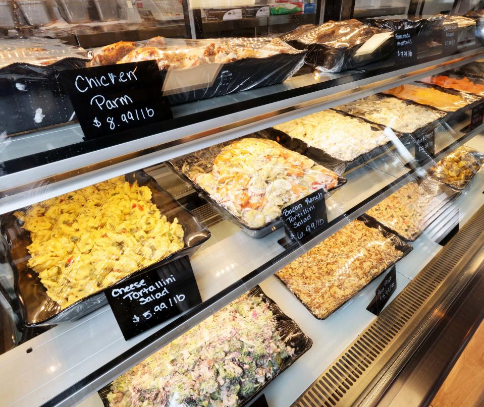 A variety of salads are for sale at Barrels & Boards Restaurant and Marketplace in Raynham on Wednesday, April 10, 2024.