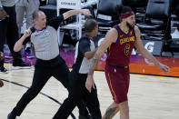 Referee Marat Kogut ejects Cleveland Cavaliers center JaVale McGee (6) during the second half of an NBA basketball game against the Phoenix Suns, Monday, Feb. 8, 2021, in Phoenix. (AP Photo/Matt York)