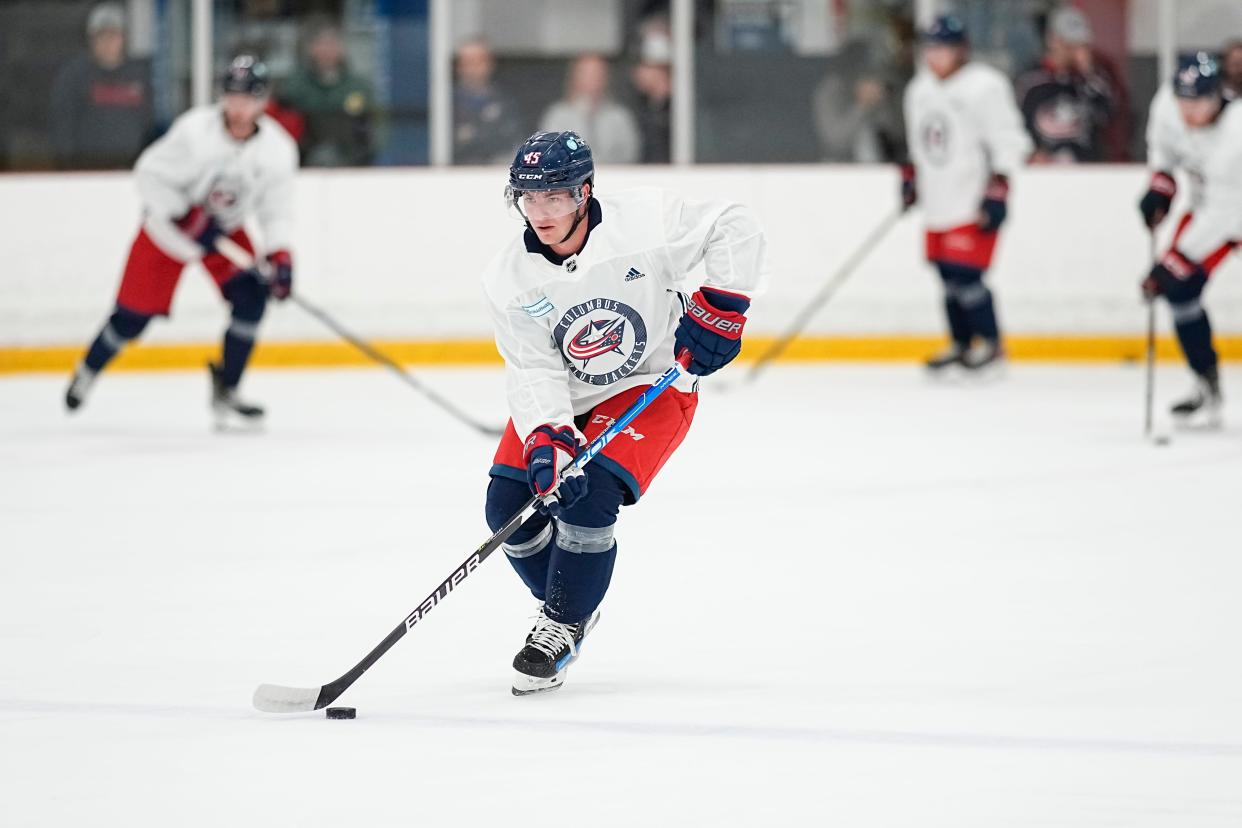 Jul 2, 2023; Columbus, Ohio, USA;  Forward Gavin Brindley (45) skates during the Columbus Blue Jackets development camp at the OhioHealth Chiller North in Lewis Center. 