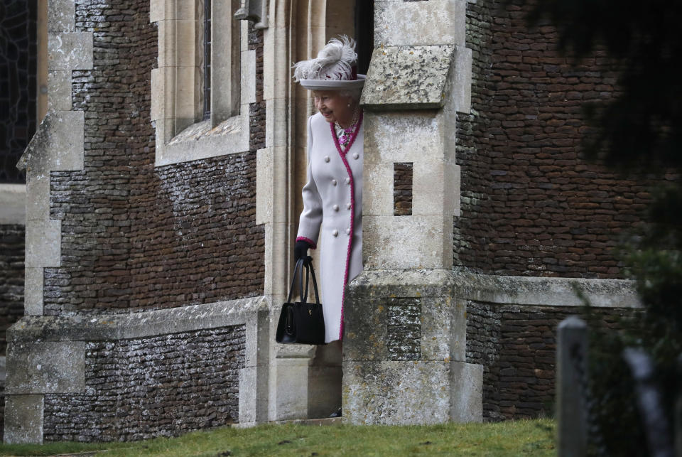 Britain's Queen Elizabeth II leaves after attending the Christmas day service at St Mary Magdalene Church in Sandringham in Norfolk, England, Tuesday, Dec. 25, 2018. (AP Photo/Frank Augstein)