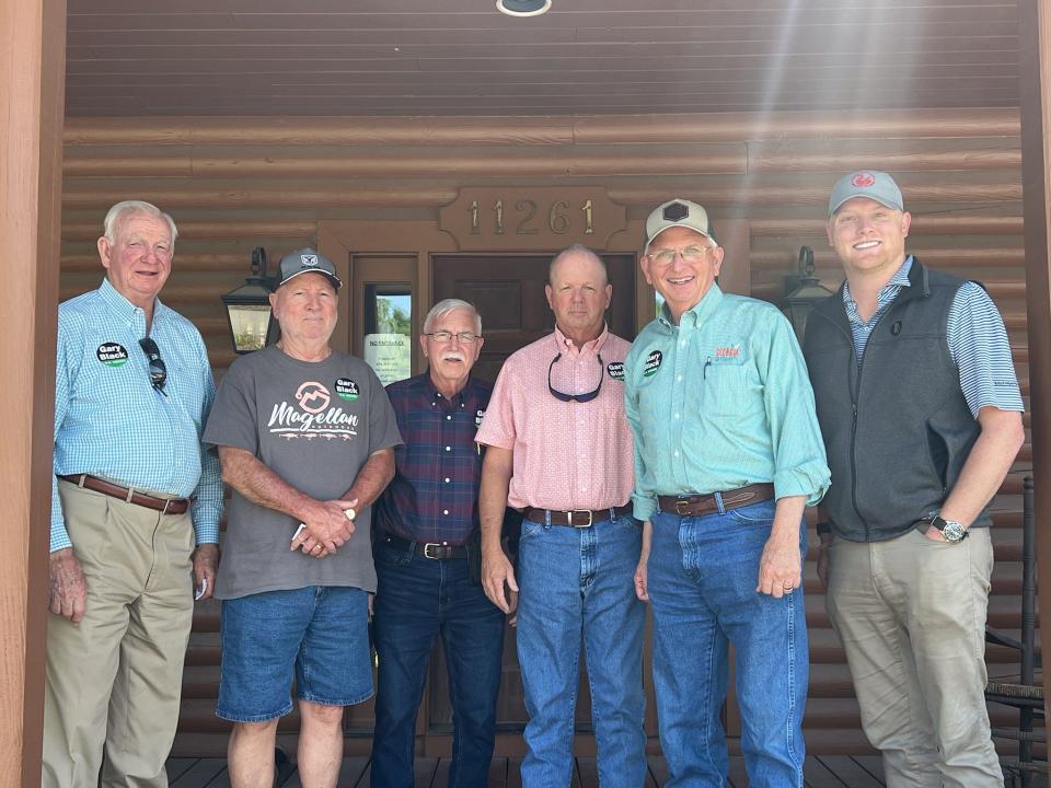 FILE - Former Georgia Agriculture Commissioner Gary Black (second from right) toured Battle Lumber Company in Wadley during his failed campaign for U.S. Senate. Featured in the photo are (from left) state Sen. Max Burns, Jefferson County GOP member L.C. Clark Sr., Vice Chair of the Jefferson County Republican Party Denny Livesay, Chairman of the county's Republican Party Alan York, and Battle Lumber's Rob Swan.