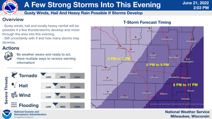 If thunderstorms develop on Tuesday, these are the times forecasters expect them to arrive.