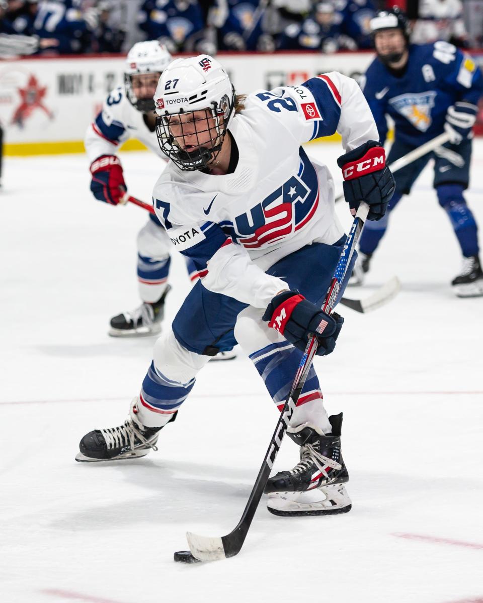 Team USA's Taylor Heise controls the puck at the Adirondack Bank Center during Saturday's Women's World Championship game against Finland.