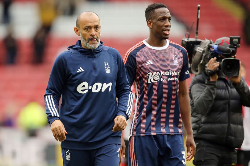 Nottingham Forest head coach Nuno Espirito Santo and Willy Boly after victory over Sheffield United