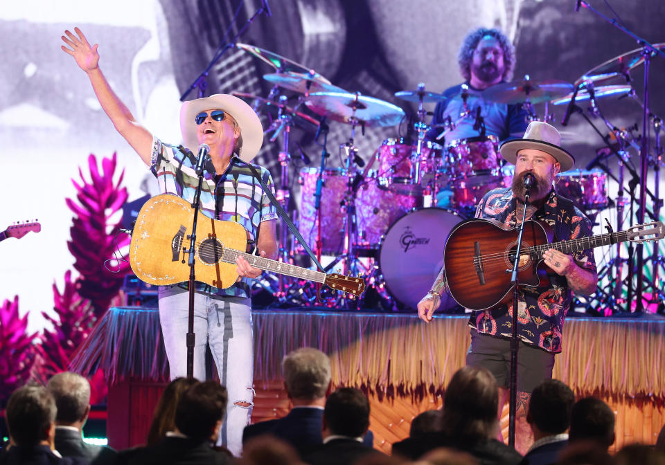 Alan Jackson and Zac Brown perform onstage at The 57th Annual CMA Awards at Bridgestone Arena in Nashville, Tennessee on November 8, 2023.