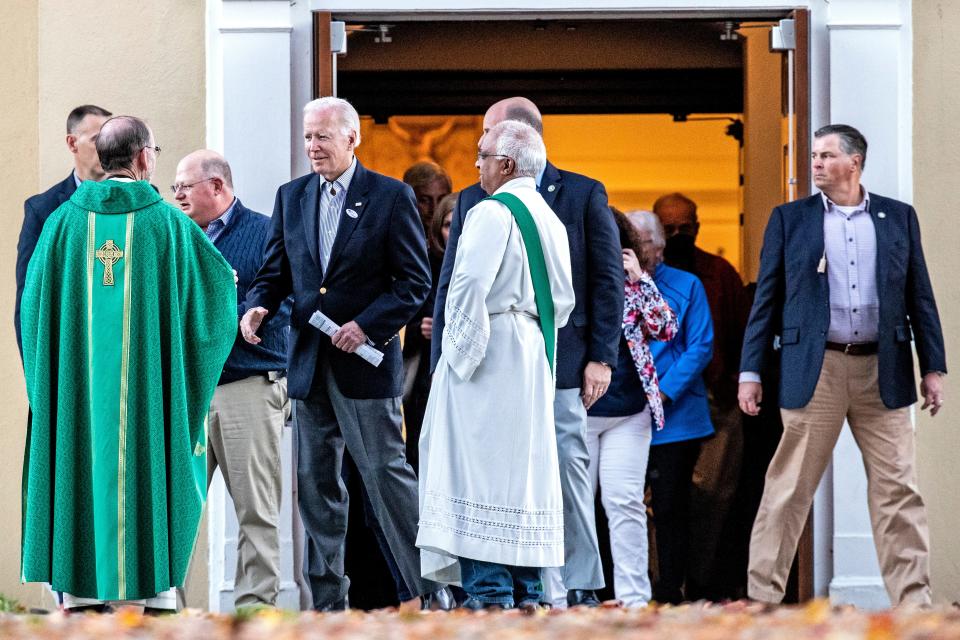 President Joe Biden leaves after mass at St. Joseph on the Brandywine Church in Greenville, Del., Saturday, Oct. 29, 2022.