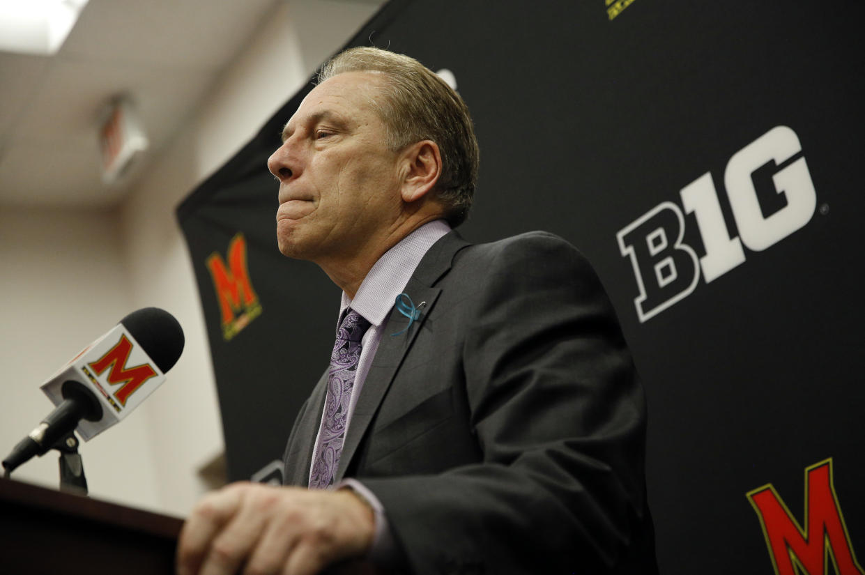 Michigan State head coach Tom Izzo speaks at a news conference after an NCAA college basketball game against Maryland in College Park, Md., Sunday, Jan. 28, 2018. (AP Photo/Patrick Semansky)