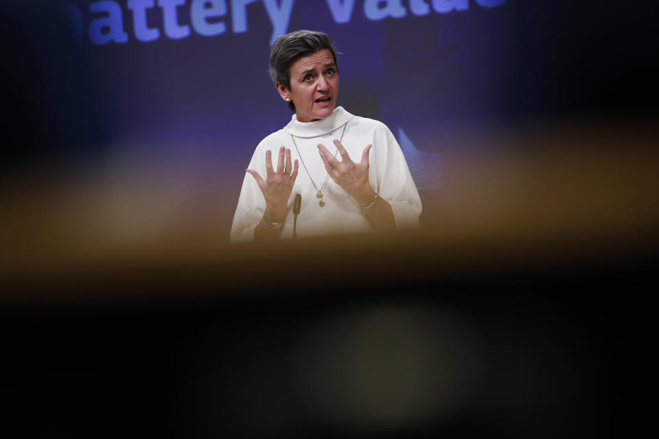 European Commissioner for Europe fit for the Digital Age Margrethe Vestager speaks during a news conference on European project in battery value chain at the European Commission headquarters in Brussels,Tuesday, Jan. 26. 2021. The European Union has approved €2.9 billion (US3.53 billion) in subsidies from 12 member countries for a second pan-European project to develop the bloc's electric battery industry and move away from its reliance on Asian imports. (AP Photo/Francisco Seco, Pool)