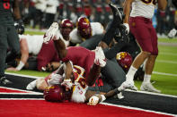 Iowa State running back Breece Hall (28) scores a touchdown against UNLV during the first half of an NCAA college football game Saturday, Sept. 18, 2021, in Las Vegas. (AP Photo/John Locher)