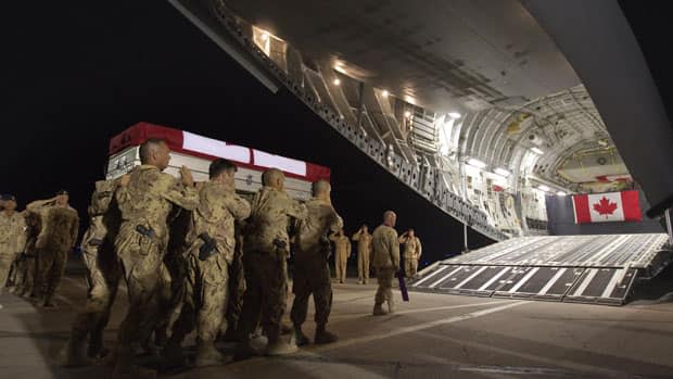 The casket of Master Cpl. Francis Roy, a member of the Canadian forces regiment, is carried by soldiers to a waiting aircraft at Afghanistan's Kandahar Airfield. Roy was found mortally wounded on Saturday and his death is still under investigation. 