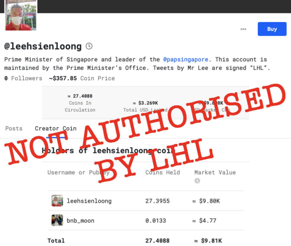 Prime Minister Lee Hsien Loong warned about his Twitter profile being used without authorisation on a cryptocurrency platform. (SCREENSHOT: Lee Hsien Loong/Facebook)