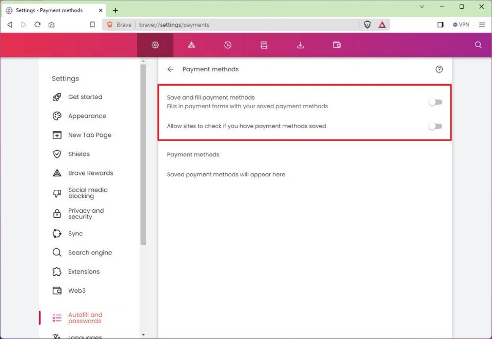 Brave disable payment methods