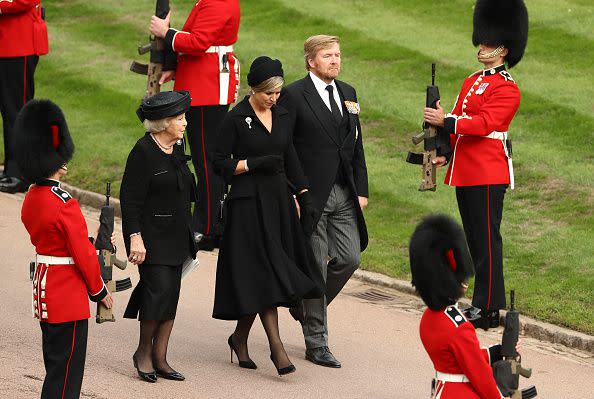 WINDSOR, ENGLAND - SEPTEMBER 19: Beatrix of the Netherlands, King Willem-Alexander of the Netherlands and Queen Maxima of the Netherlands arrive at Windsor Castle for The Committal Service For Her Majesty Queen Elizabeth II at Windsor Castle on September 19, 2022 in Windsor, England. The committal service at St George's Chapel, Windsor Castle, took place following the state funeral at Westminster Abbey. A private burial in The King George VI Memorial Chapel followed. Queen Elizabeth II died at Balmoral Castle in Scotland on September 8, 2022, and is succeeded by her eldest son, King Charles III. (Photo by Ryan Pierse/Getty Images)