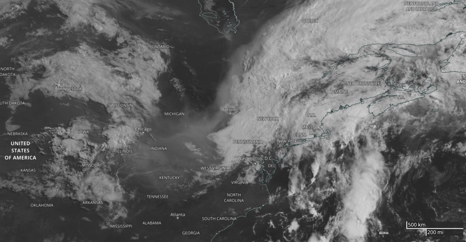 A photo hosted on NASA's Worldview satellite imagery viewer shows smoke and haze funneling into the Midwest on Wednesday, June 28, 2023, as wildfires continued to rage in Canada.