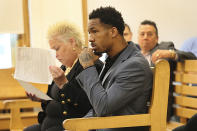 New England Patriots cornerback Jack Jones is seated at his arraignment on gun charges at East Boston Municipal Court, Tuesday, June 20, 2023, in Boston, Mass. Jones was charged with carrying two loaded guns in his carry-on luggage at Logan Airport. (Suzanne Kreiter/The Boston Globe via AP, Pool)