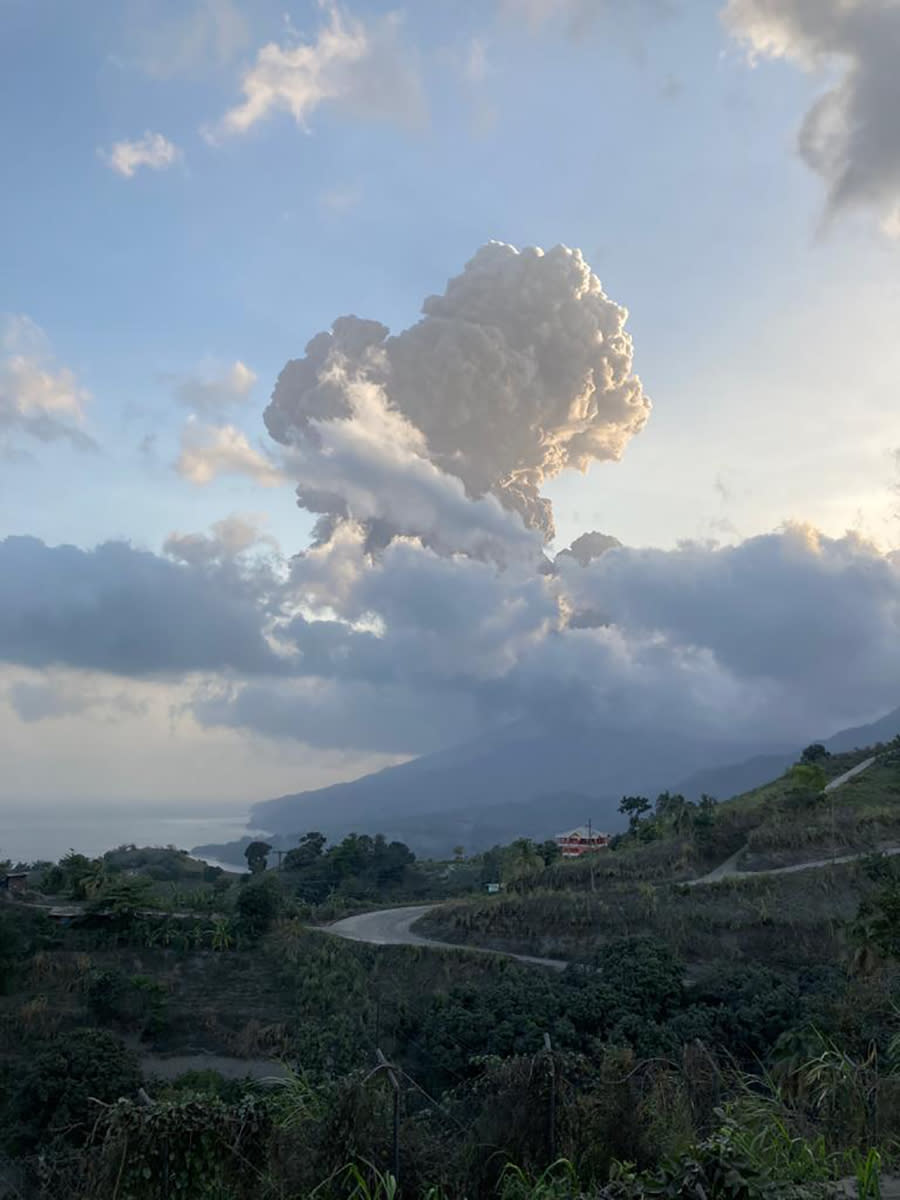 Plumes of ash rise from the La Soufriere volcano on the eastern Caribbean island of St. Vincent, Friday, April 16, 2021. (Vincie Richie/The University of the West Indies Seismic Research Centre via AP)