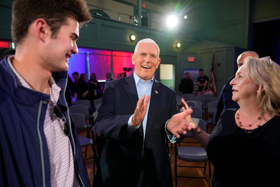 Republican presidential candidate Mike Pence greets supporters after the Seacoast Media Group and USA TODAY Network 2024 Republican Presidential Candidate Town Hall Forum held in the historic Exeter Town Hall in Exeter, New Hampshire. The former Vice President of the United States and former Governor of Indiana spoke to prospective New Hampshire voters about issues during the hour-long forum.