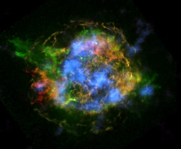 This is the first map of radioactivity in a supernova remnant, the blown-out bits and pieces of a massive star that exploded. The blue color shows radioactive material mapped in high-energy X-rays using NASA's NuSTAR space observatory.