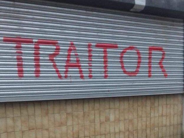 The constituency office of Labour MP Chris Bryant has been spray painted with the word “traitor” in what appears to be an act of politically-motivated vandalism.The Remain-supporting MP for Rhondda in south Wales posted two photos showing the insult sprayed twice in red letters across the security shutters protecting his office windows.The Labour MP told The Independent the incident had been reported to the police and said he “presumed” the vandalism was related to anger over Brexit. Mr Bryant also revealed he had received several death threats in recent weeks. “It’s shocking, but not surprising, I suppose,” he said of the graffiti. “We didn’t used to be a country like this – we used to be a country that respected political differences, but somehow or other we’ve lost that.”Several MPs shared their support following the attack. “This vile intimidation and abuse is appalling,” said the Change UK spokesman Chuka Umunna, who also praised Mr Bryant for “standing up to it”.> Why anyone thinks calling me names will stop standing up and speaking out for the best interests of the people of the Rhondda I don't know. They underestimate me. pic.twitter.com/EoWuClosPU> > — Chris Bryant (@RhonddaBryant) > > May 18, 2019It comes as police warn that threats made against MPs have reached “unprecedented levels”, including death threats, online abuse, vandalism and harassment in the street.Intimidation has not been confined to politicians. Last month a series of homes displaying Labour, Liberal Democrat and Green Party posters in Sussex were vandalised in attacks linked to Brexit, with the words “traitors” and “hypocrites” spray painted on exterior walls.“It’s surprising and very sad to see people expressing their political views in this thuggish and intimidating way,” said Zoe Nicholson, co-chair of the Lewes District Green Party.“The vandalism is bad enough, but using highly charged language like ‘traitors’ against political opponents is not acceptable.”Last month Labour MP Helen Goodman’s constituency office windows were smashed in what she suspects may have been an attempt at intimidation over her support for a so-called soft Brexit.She told The Independent that “in all probability” the incident was motivated by anger at Britain’s failure to leave Europe.Last month parliament’s joint committee on human rights heard that MPs and peers were experiencing “skyrocketing” levels of abuse over Brexit and other issues.Former Conservative MP Sarah Wollaston, a member of Change UK, told The Independent she is too afraid to advertise meetings in public because of death threats and intimidation. Recent months have seen a number of high profile incidents of abuse aimed at MPs, including the pro-Remain MP Anna Soubry who was confronted by “yellow vest” protesters near the House of Commons.MPs have also been abused by pro-Brexit supporters attending sanctioned protests in the streets outside parliament.Last month Metropolitan Police commander Adrian Usher called on the government to change “outdated” protest laws, and said officers were struggling to enforce current laws regarding political demonstrations.“We need to move away from the language of ‘peaceful protest’ to talk about ‘lawful protest’ ... We are absolutely in the business of facilitating lawful protest [but] where protest steps over into being unlawful, whether you consider it peaceful or not is a moot point.”A spokeswoman for South Wales Police said the force was “investigating a report of criminal damage to the constituency office of Rhondda MP, Chris Bryant”.She added: “The office on Dunraven Street, Tonypandy, was targeted sometime between 5pm on Friday evening, 17 May, and 7.30am today, Saturday 18 May. A number of enquiries are currently underway, and anyone with any information about the incident is asked to contact 101, quoting occurrence 1900177951.”