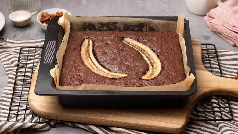 banana pecan brownie in baking pan