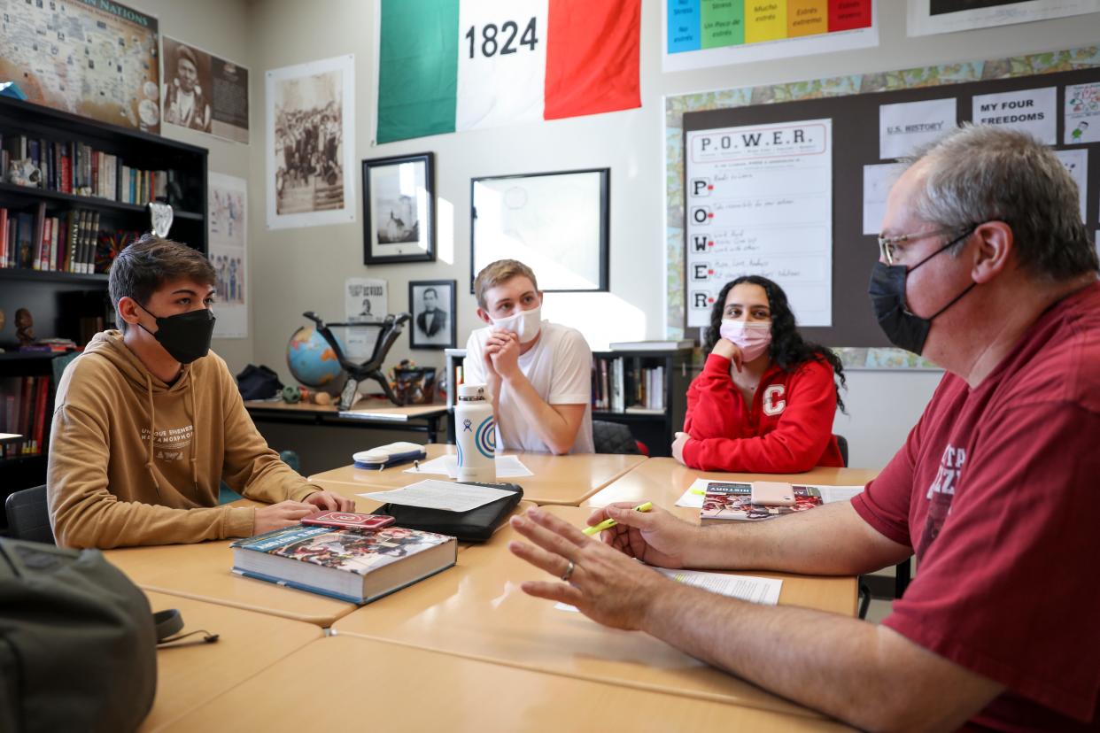 Advanced placement U.S. history students talk about race and identity with teacher Frank White on Jan. 27 at Central High School in Independence, Ore.