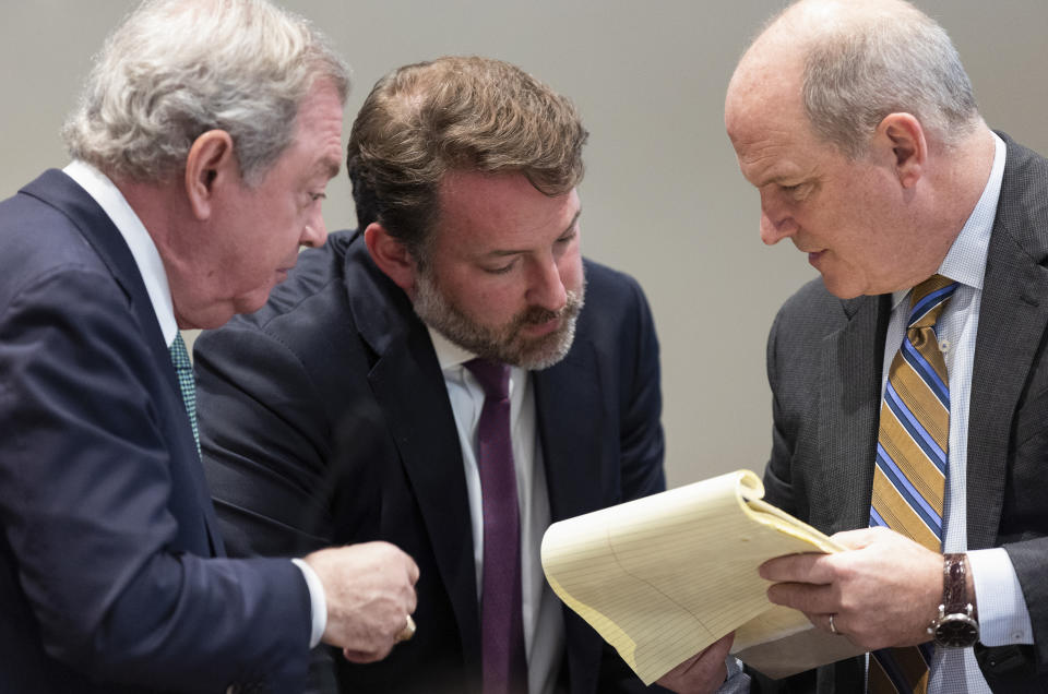 The defense team speaks during Alex Murdaugh's trial for murder at the Colleton County Courthouse in Walterboro, S.C., on Wednesday, Feb. 1, 2023. (Joshua Boucher/The State via AP, Pool)