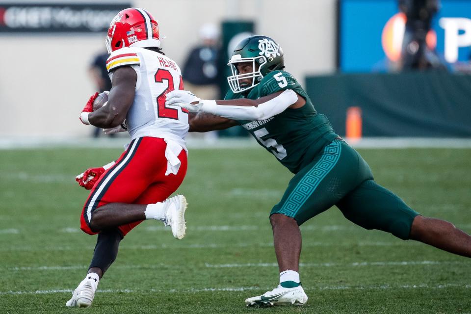 Michigan State linebacker Jordan Hall tackles Maryland running back Roman Hemby during the second half of MSU's 31-9 loss on Saturday, Sept. 23, 2023, in East Lansing.