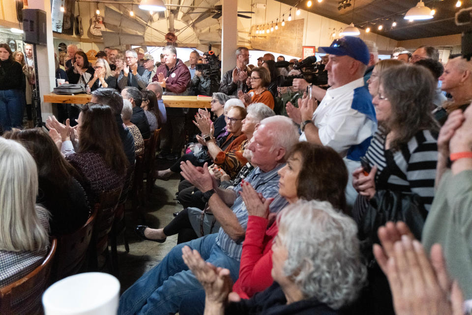 A packed house turns out to see Gov. Greg Abbott at a Caroline Fairly fundraiser Friday morning at Tyler's Barbeque in Amarillo.