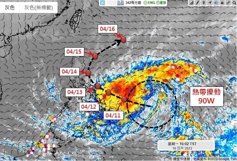 熱帶擾動90W結構不理想，預估無侵台疑慮。（翻攝自天氣職人吳聖宇臉書）