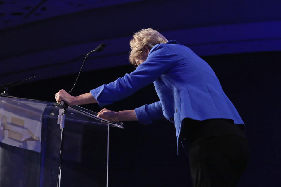 July 16, 2015 — Senator Warren reacts to ‘Run for president!’ chants