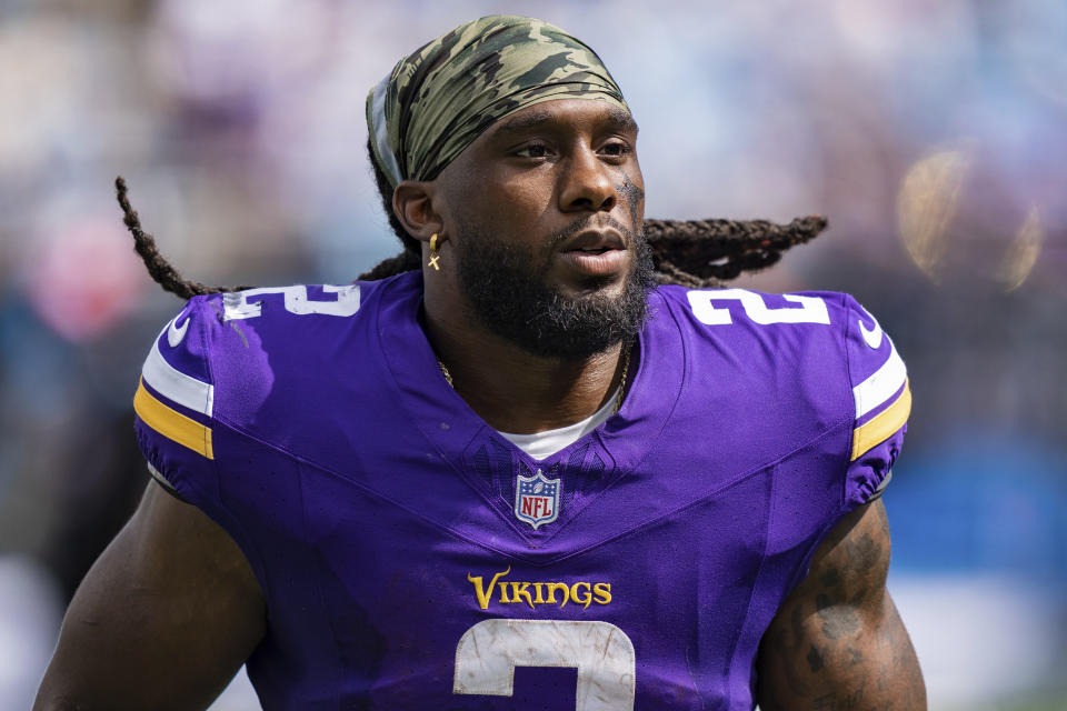 FILE - Minnesota Vikings' Alexander Mattison (2) looks on during an NFL football game against the Carolina Panthers Sunday, Oct. 1, 2023, in Charlotte, N.C. Mattison and the Vikings had just taken a tough loss earlier this season when the veteran running back checked his social media accounts and found dozens of hateful and racist messages directed toward him in relative digital anonymity.(AP Photo/Jacob Kupferman, File)