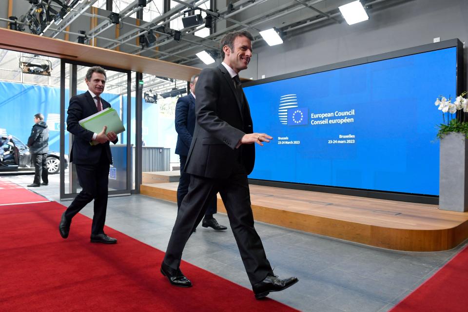 France's President Emmanuel Macron arrives for a summit at the EU headquarters in Brussels, March 23, 2023. / Credit: JOHN THYS/POOL/AFP/Getty