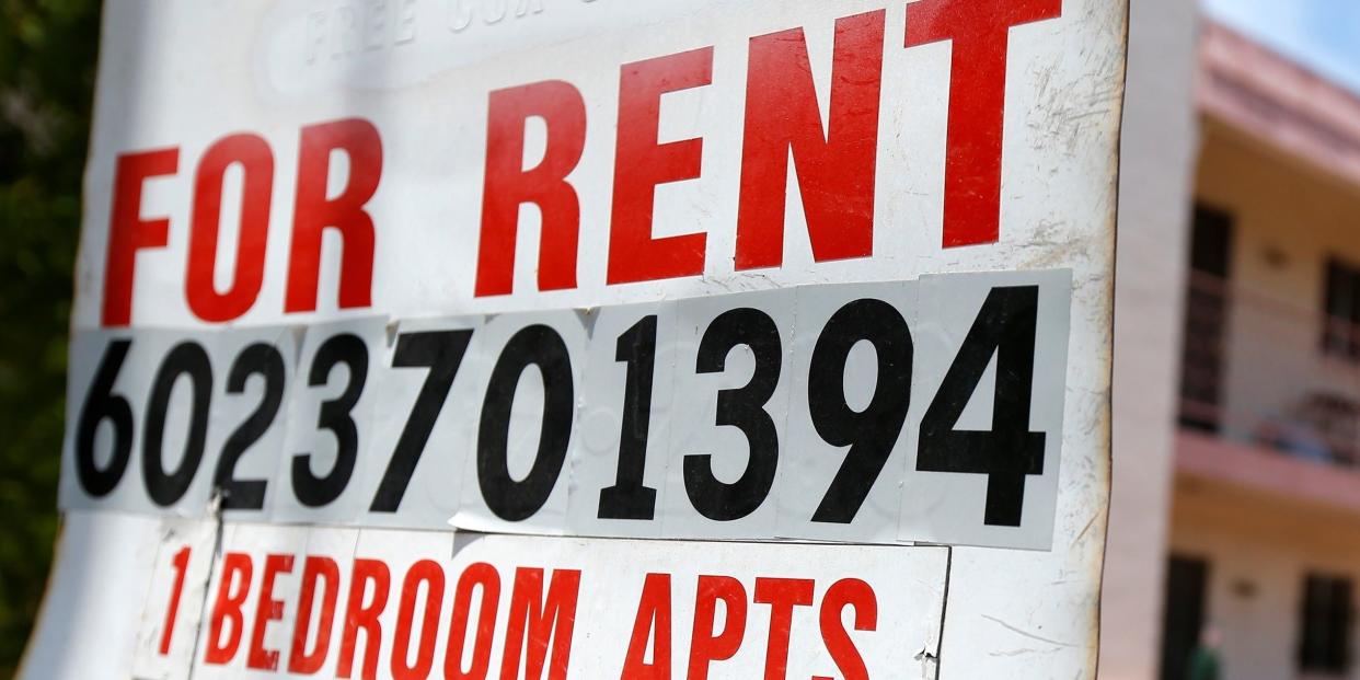 A rental sign is posted in front of an apartment complex Tuesday, July 14, 2020, in Phoenix. Housing advocacy groups have joined lawmakers lobbying Arizona Gov. Doug Ducey to extend his coronavirus-era moratorium on evictions when it expires, when the 120-day order ending July 22 was supposed to ensure people would not lose their homes if they fell ill to COVID-19 or lost jobs in the pandemic's economic fallout. (AP Photo/Ross D. Franklin)