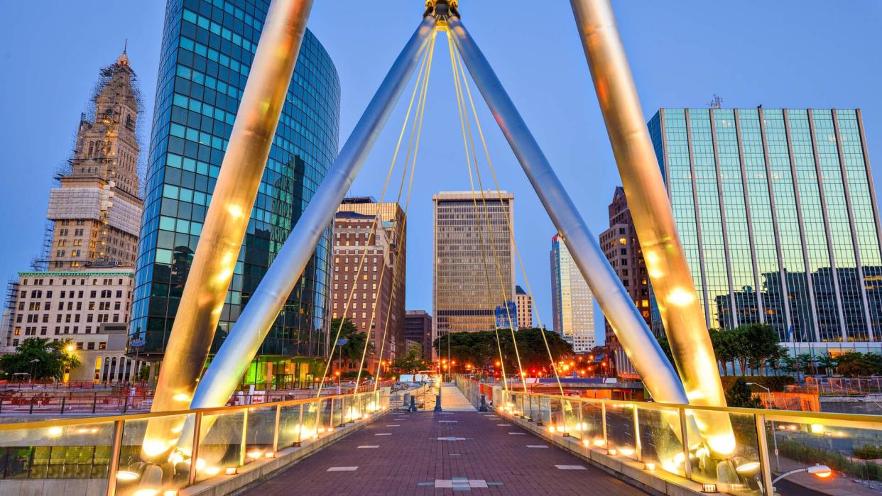 Skyline of downtown Hartford, Connecticut from Founders Bridge.