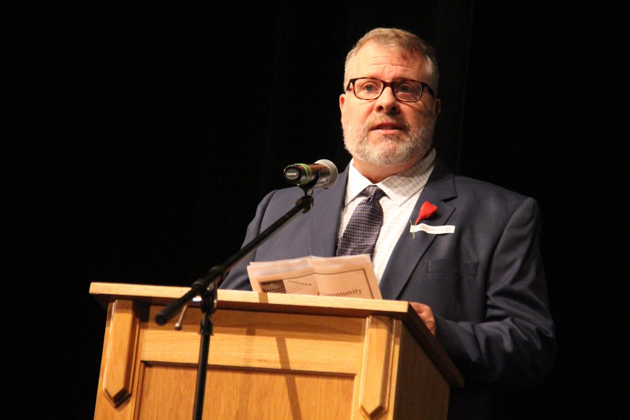 Mike Powell speaks during the Veterans Day Celebration on Thursday, Nov. 11, 2021, at Perry Performing Arts Center.