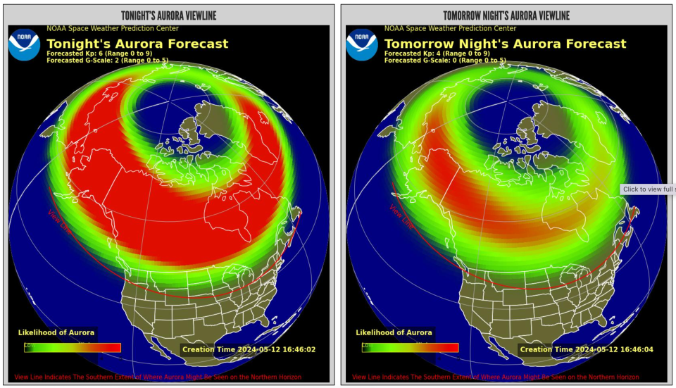 National Weather Service maps predict the northern lights forecast for Sunday, May 12, 2024, and on Monday, May 13, 2024.