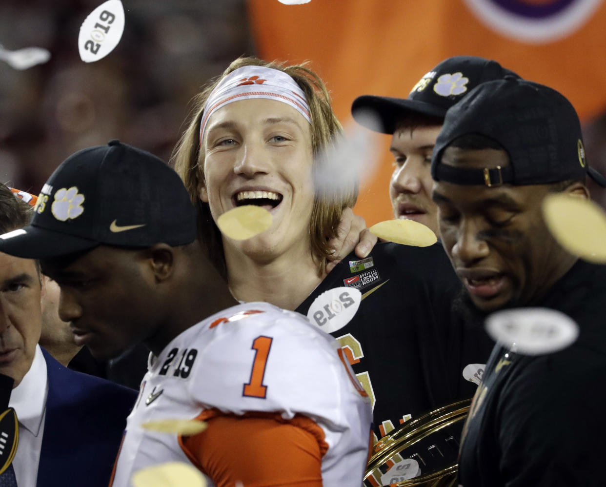 Clemson’s Trevor Lawrence celebrates after the NCAA college football playoff championship game against Alabama, Monday, Jan. 7, 2019, in Santa Clara, Calif. Clemson beat Alabama 44-16. (AP Photo/Chris Carlson)