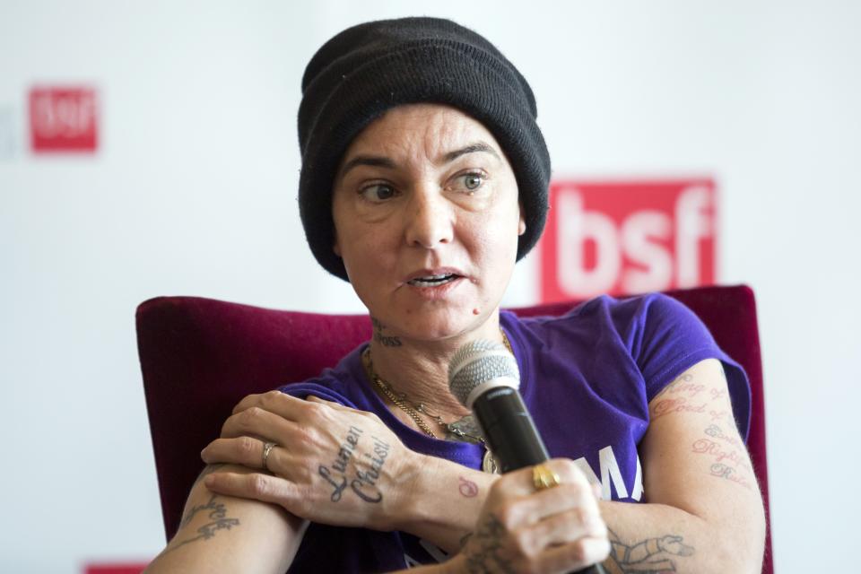 Irish singer-songwriter Sinead O'Connor attends a press event during the Budapest Spring Festival at a hotel in Budapest, Hungary, Wednesday, April 22, 2015. (Balazs Mohai/MTI via AP)